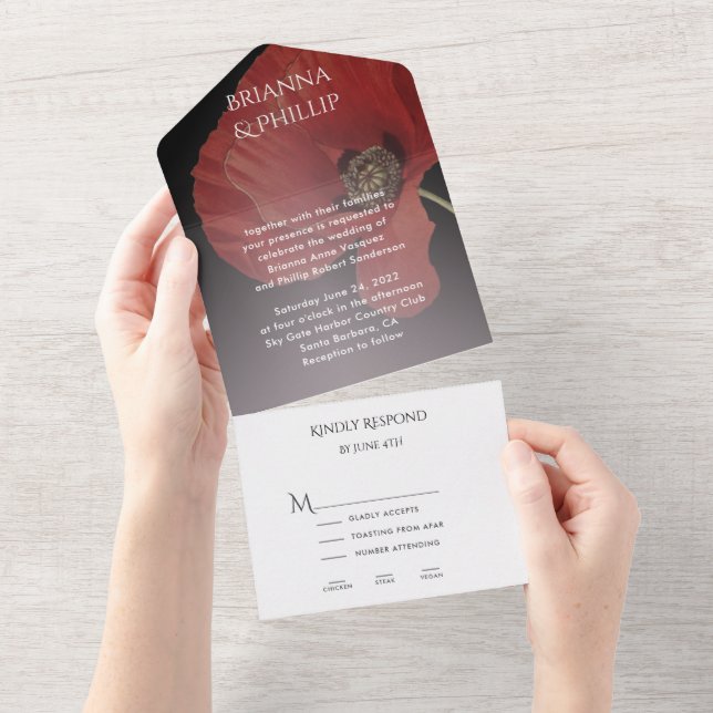Elegant Red Poppy l menu options on RSVP  Wedding All In One Invitation (Tearaway)