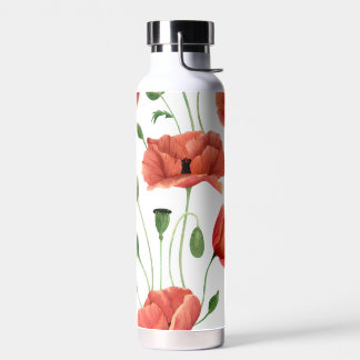 Elegant Red Poppy Wildflower Pattern Water Bottle