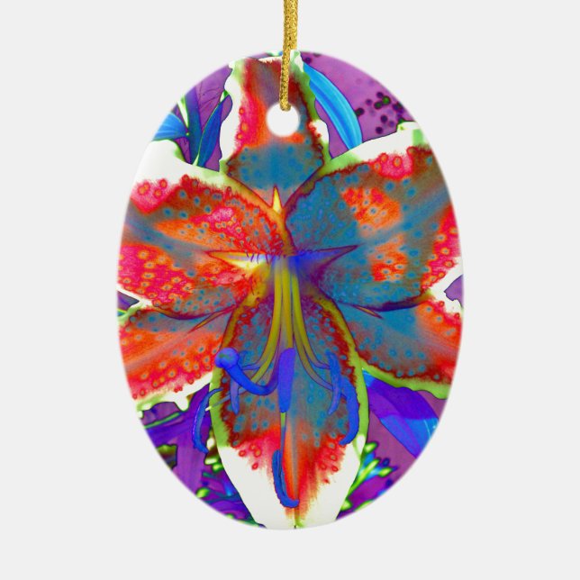 Elegant red purple blue floral  Lily Ceramic Ornament (Front)