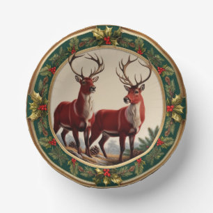 Elegant Red Reindeer Moose Gold Holly merry Xmas Paper Plate