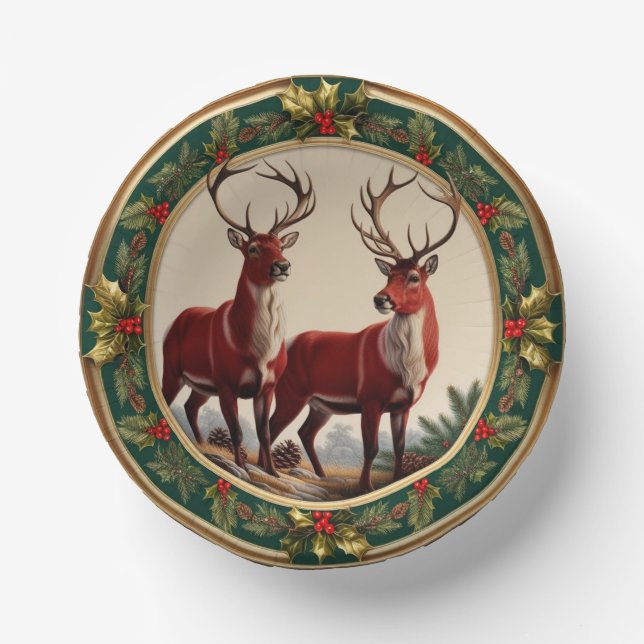 Elegant Red Reindeer Moose Gold Holly merry Xmas Paper Plate (Front)