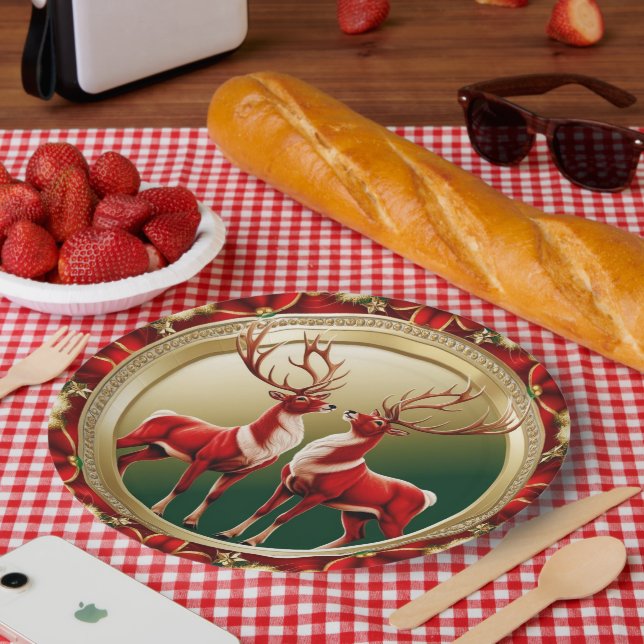 Elegant Red Reindeer Moose Gold snow merry Xmas Paper Plate (Picnic)