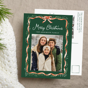 Elegant Red Ribbon and Greenery 2 Photo Holiday Postcard