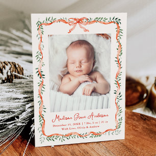 Elegant Red Ribbon and Greenery Cream Photo Birth Announcement