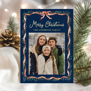 Elegant Red Ribbon and Greenery Navy 2 Photo Foil Holiday Card