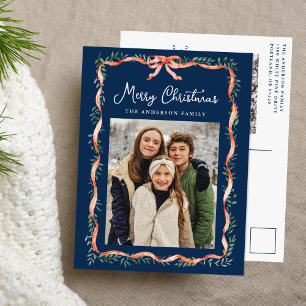Elegant Red Ribbon and Greenery Navy 2 Photo Holiday Postcard