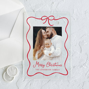 Elegant Red Ribbon Bow Photo Acrylic Holiday Card Invitations