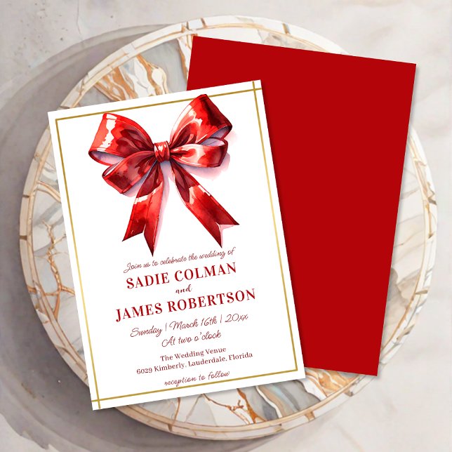 Elegant Red Ribbon  Bow Wedding Invitation (Creator Uploaded)