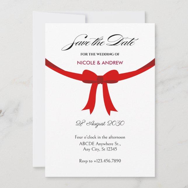 Elegant red ribbon bow wedding save the date (Front)