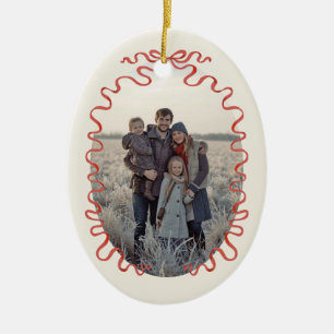 Elegant Red Ribbon Family Photo Christmas Ceramic Ornament