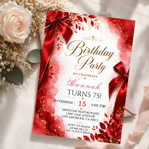 Elegant Red Ribbon & Gold Birthday Party Invitation