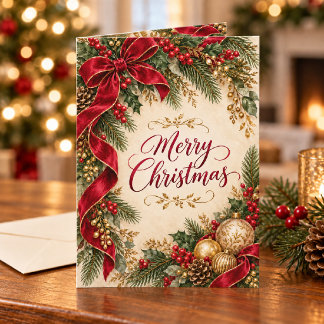Elegant Red Ribbon & Gold Christmas Card