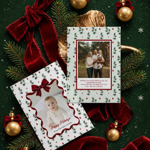 Elegant Red Ribbon Greenery Photo Christmas Card