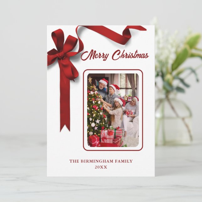 Elegant Red Ribbon Photo  Holiday Card (Standing Front)