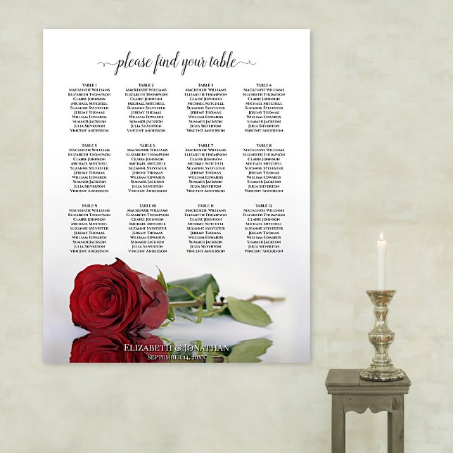 Elegant Red Rose 12 Table Wedding Seating Chart (In Situ on Wall)