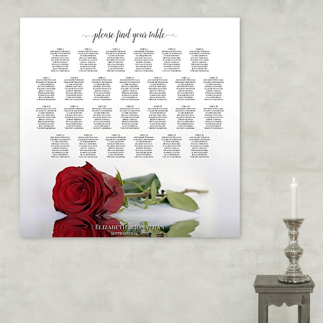 Elegant Red Rose 26 Table Wedding Seating Chart (In Situ on Wall)
