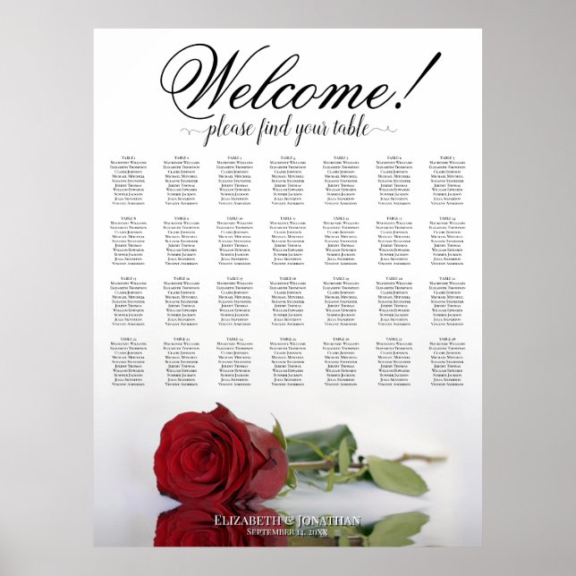 Elegant Red Rose 28 Table Wedding Seating Chart (Front)