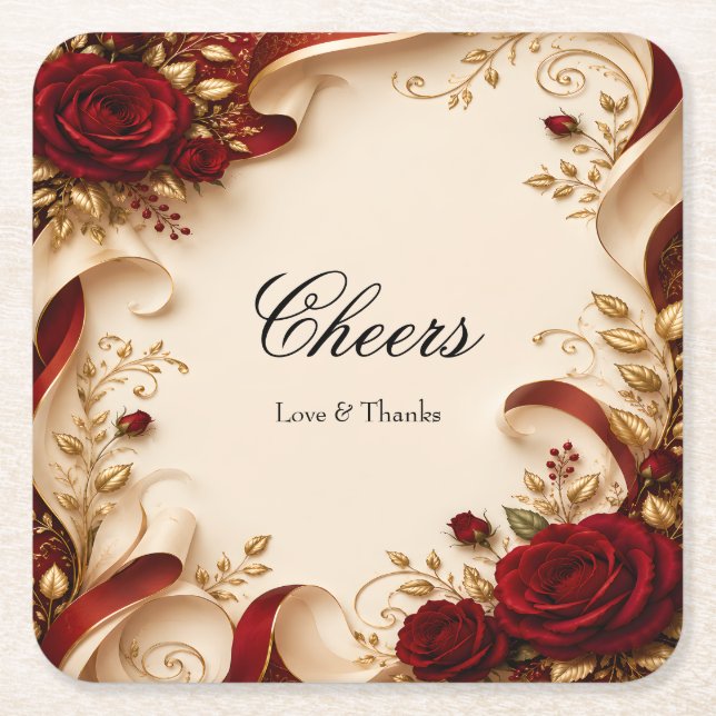 Elegant Red Rose and Gold Leaf Personalized  Square Paper Coaster (Front)
