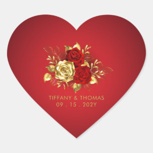 Elegant Red Rose And Gold Theme Wedding  Heart Sticker
