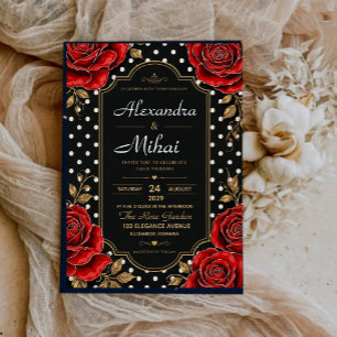 Elegant Red Rose Black and Gold Floral Polka Dot Invitation