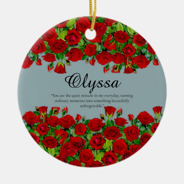 Elegant Red Rose Border Custom Name Garden Theme Ceramic Ornament (Front)