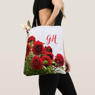 Elegant Red Rose Bouquet Monogram Tote Bag