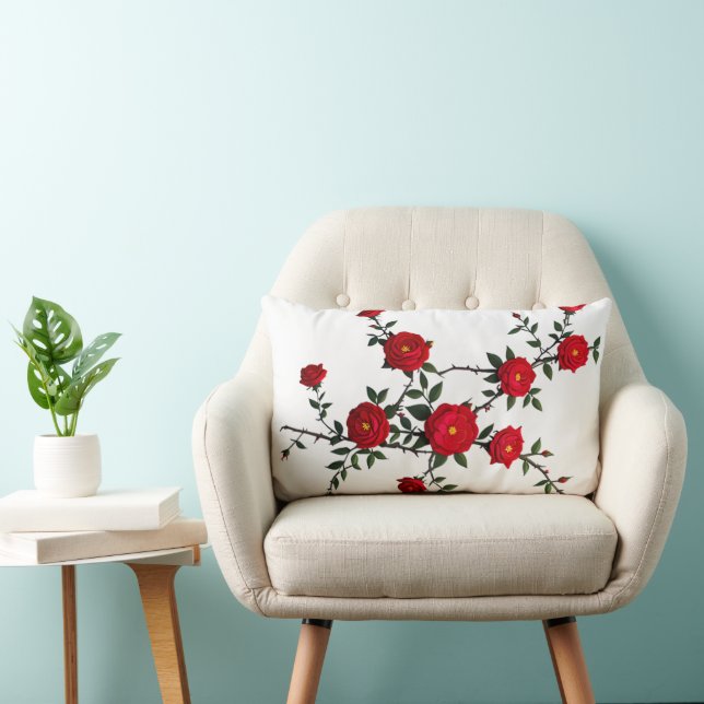 Elegant Red Rose Branch Design Lumbar Pillow (Chair)