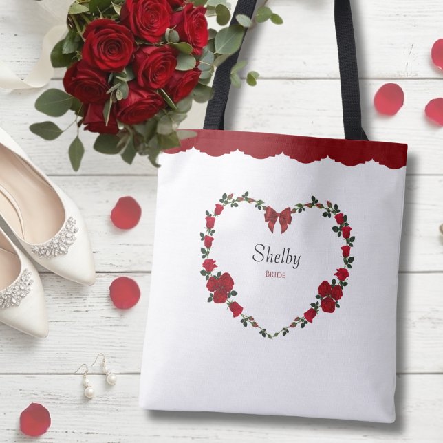 Elegant Red Rose Bride To Be Wedding Gift Tote Bag (Capture the romance of your big day with our Red Rose Heart bridal tote.)