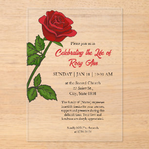 Elegant Red Rose "Celebrating the Life" Funeral  Acrylic Invitations