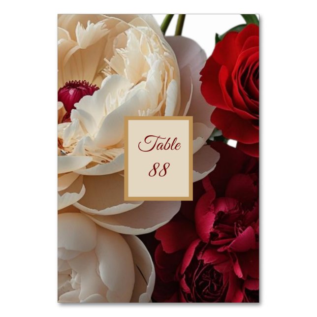 Elegant Red Rose & Cream Peony Table Card (Front)