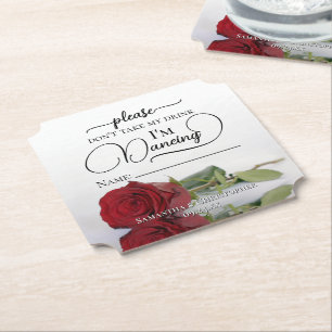 Elegant Red Rose Don't Take My Drink Name Wedding Paper Coaster