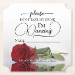 Elegant Red Rose Don't Take My Drink Name Wedding Paper Coaster<br><div class="desc">This wedding coaster is elegant, stylish, and fun! It features a photo of a single long-stemmed red rose lying on its side mirrored in a pool of water. The text reads "Please don't take my drink, I'm dancing" written in modern script lettering. There is space for the guest to write...</div>