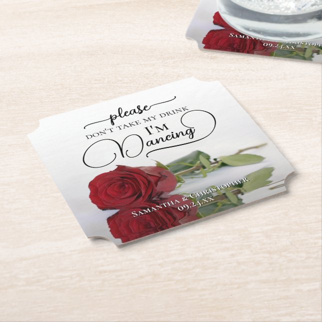 Elegant Red Rose Don't Take My Drink Wedding Paper Coaster (Angled)
