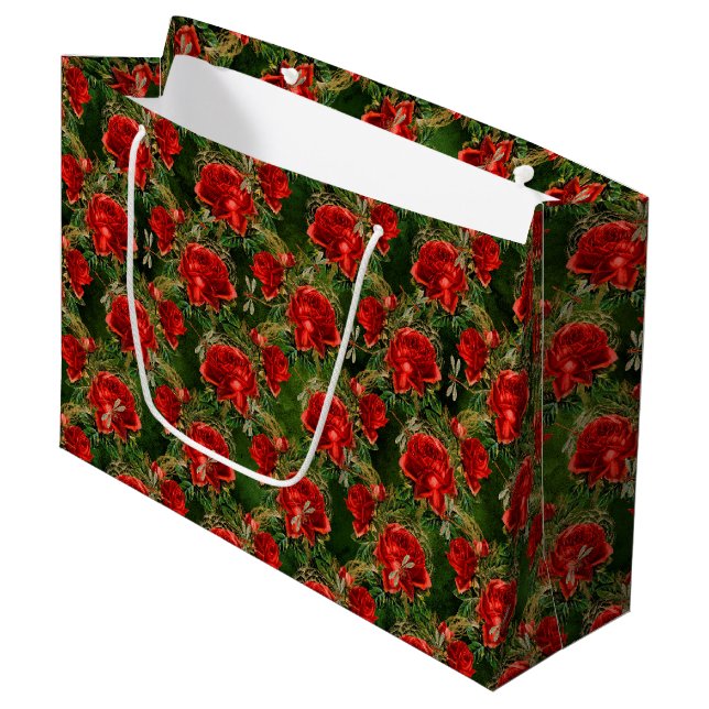Elegant red rose dragonfly tiled pattern  large gift bag (Front Angled)