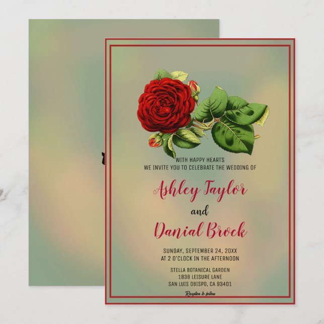 Elegant red rose dusty boho framed floral Wedding  Invitation (Front/Back)