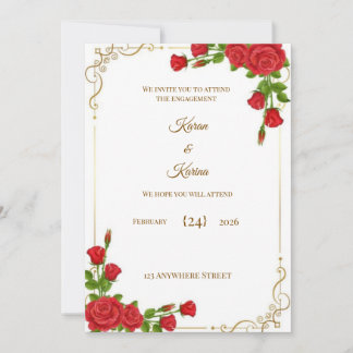 Elegant Red Rose Engagement Invitation with Gold C