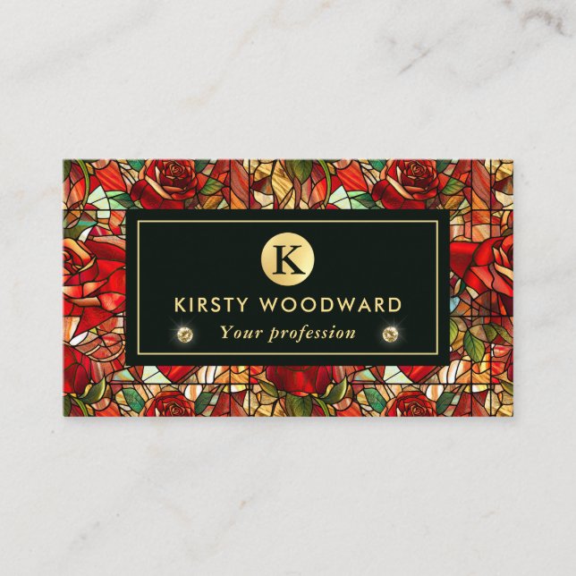 Elegant Red Rose Faux Stained Glass Pattern Business Card (Front)