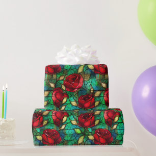 Elegant Red Rose Faux Stained Glass Pattern Wrapping Paper