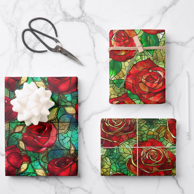 Elegant Red Rose Faux Stained Glass Pattern Wrapping Paper Sheet (Front)