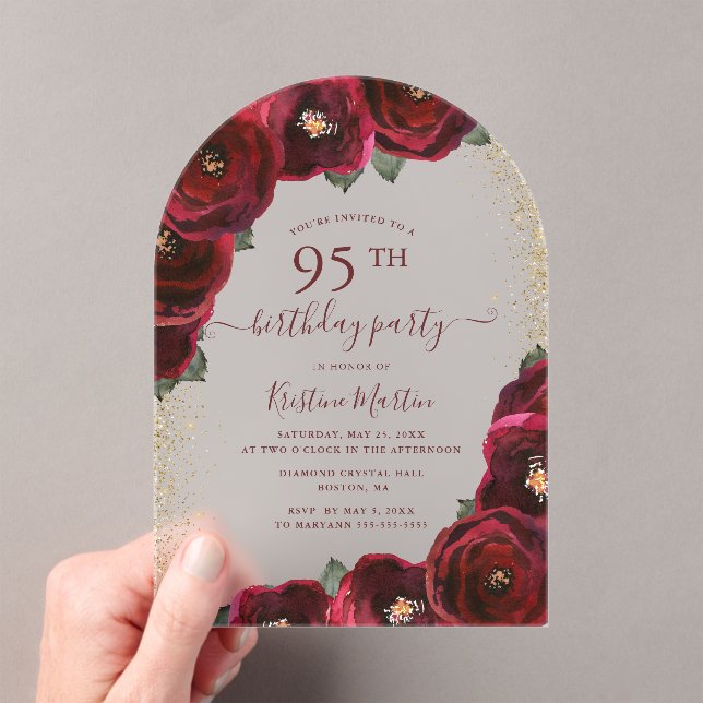 Elegant Red Rose Floral Arch 95th Birthday Party Acrylic Invitations (Insitu (Handheld))
