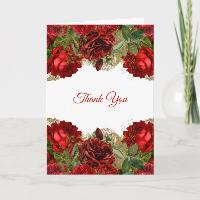 Elegant Red Rose Floral Frame  Thank You Card (Front)