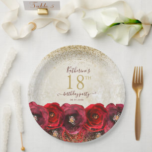 Elegant Red Rose Floral Gold 18th Birthday Party Paper Plate