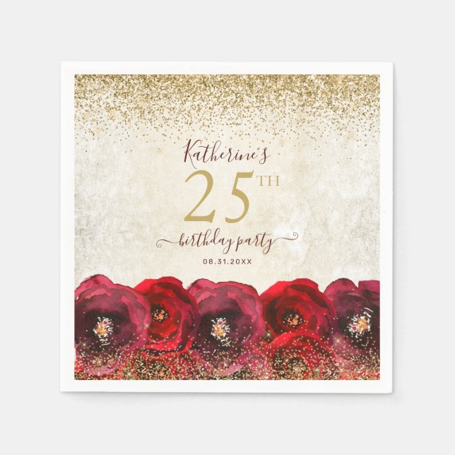 Elegant Red Rose Floral Gold 25th Birthday Party Napkin (Front)
