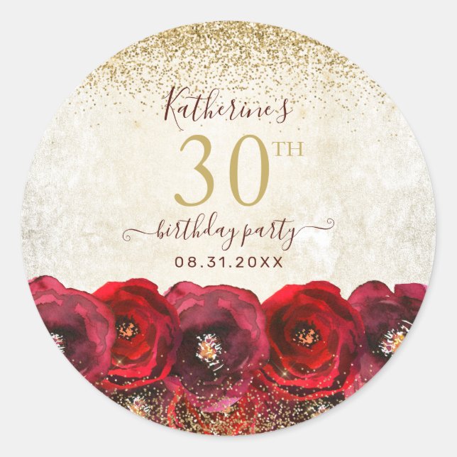 Elegant Red Rose Floral Gold 30th Birthday Party Classic Round Sticker (Front)