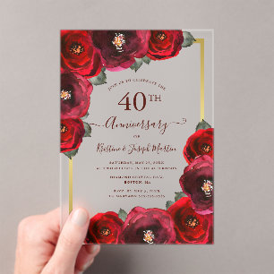 Elegant Red Rose Floral Gold 40th Anniversary Acrylic Invitations