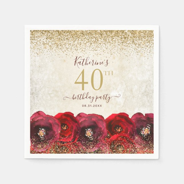Elegant Red Rose Floral Gold 40th Birthday Party Napkin (Front)
