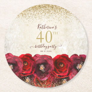 Elegant Red Rose Floral Gold 40th Birthday Party Round Paper Coaster