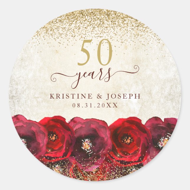 Elegant Red Rose Floral Gold 50th Anniversary Classic Round Sticker (Front)