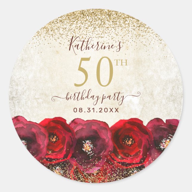 Elegant Red Rose Floral Gold 50th Birthday Party Classic Round Sticker (Front)