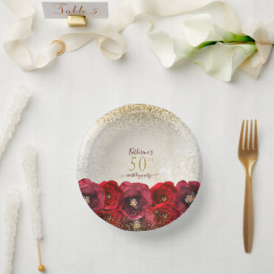 Elegant Red Rose Floral Gold 50th Birthday Party Paper Plate